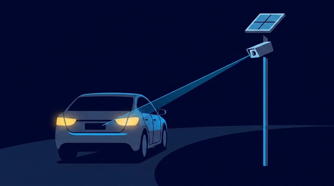 A pole-mounted camera reading the blank plate of a single car on an empty road at night.