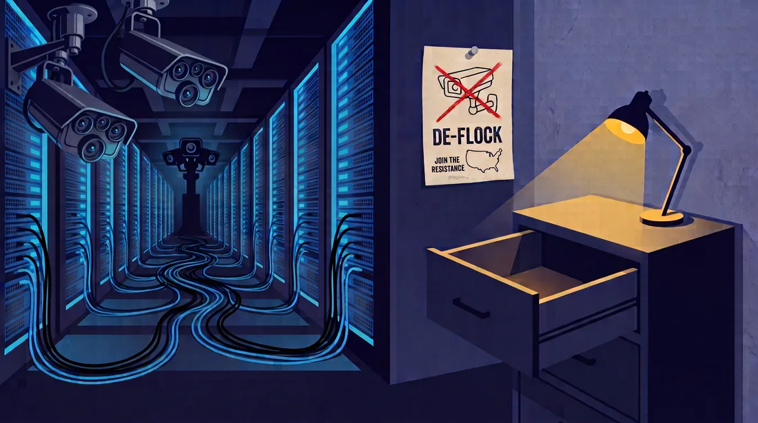 Surveillance cameras trained down a hall of glowing server racks, an anti-surveillance poster on the wall, and a single empty open drawer lit by a desk lamp.